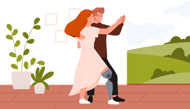 Young woman with prosthetic leg and man dancing modern romantic dance at home room  Illustration