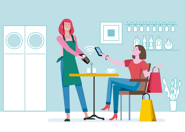 Young woman with shopping bags, sitting in a coffee shop paying contactless with mobile phone in cafe  Illustration