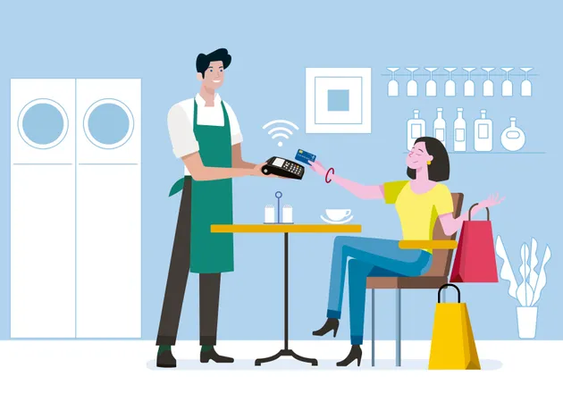 Young woman with shopping bags, sitting in a coffee shop paying contactless with mobile phone in cafe Illustration