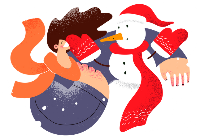 Young woman with snowman  Illustration