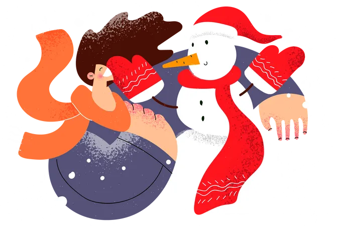 Young woman with snowman  Illustration