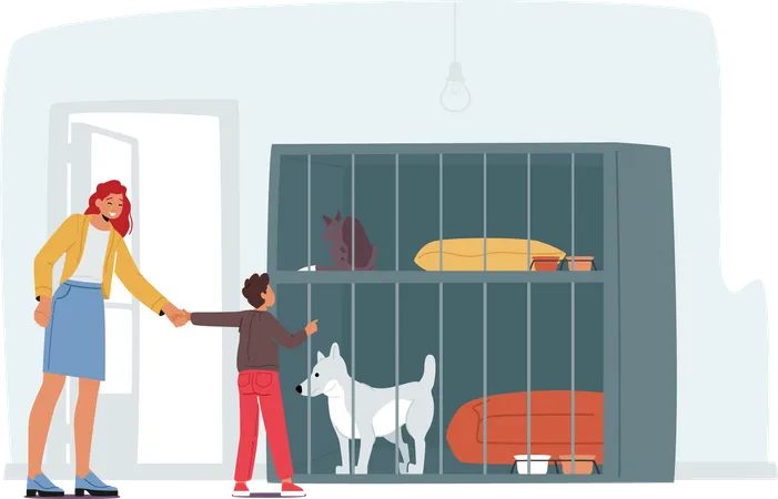 Young Woman with Son Adopting Pet from Animal Pound Illustration