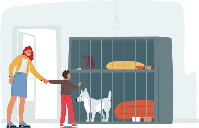 Young Woman with Son Adopting Pet from Animal Pound  Illustration