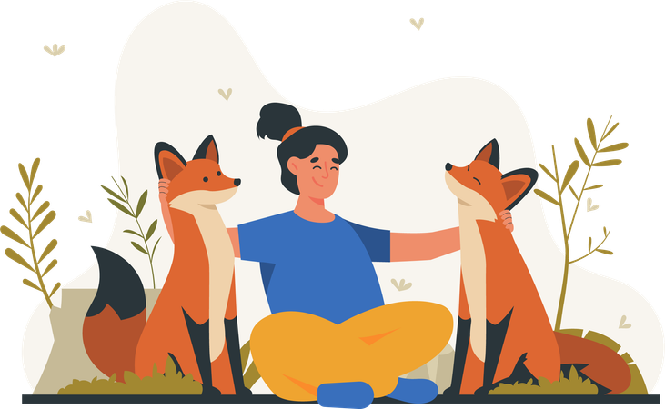 Young woman with two foxes  Illustration