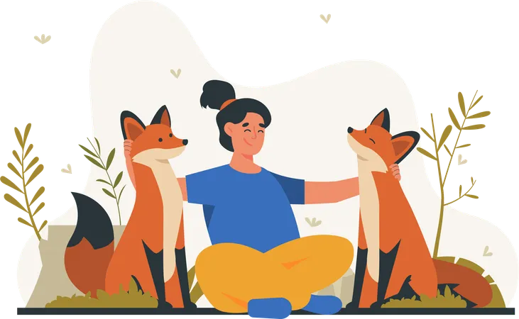 Young woman with two foxes  Illustration