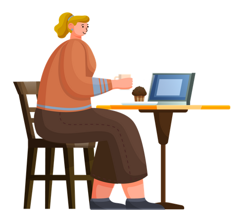Young woman working at cafe  Illustration