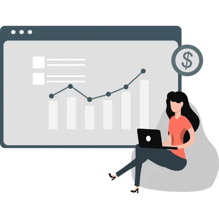 Young woman working business graph on laptop  Illustration