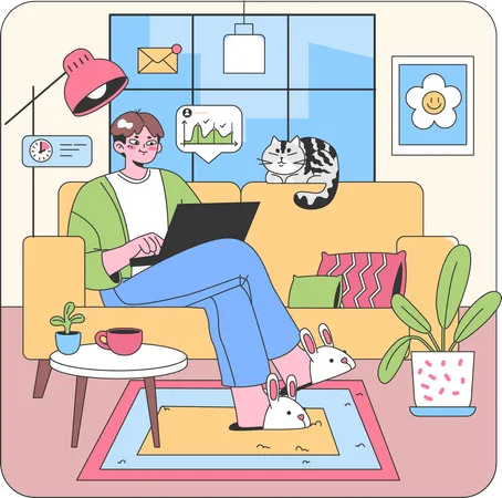 Young woman working from home  Illustration