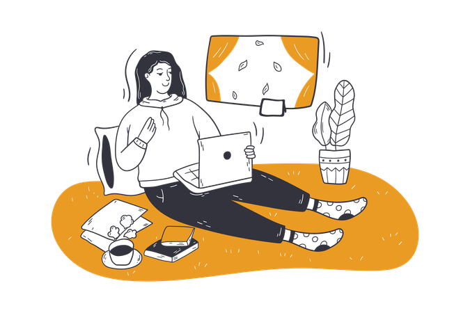 Young woman working from home on laptop  Illustration