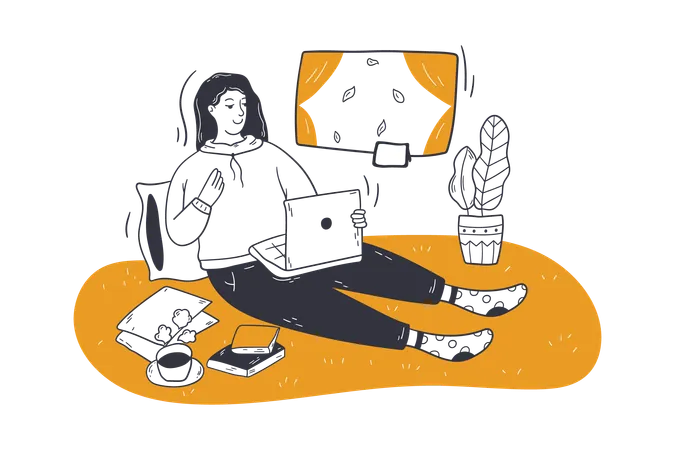 Young woman working from home on laptop  Illustration
