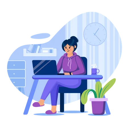 Freelance Concept Woman Freelancer Working At Laptop In Home Office Remote Worker At Convenient Conditions Workplace Template Of People Scenes Vector Illustration With Characters In Flat Design Illustration