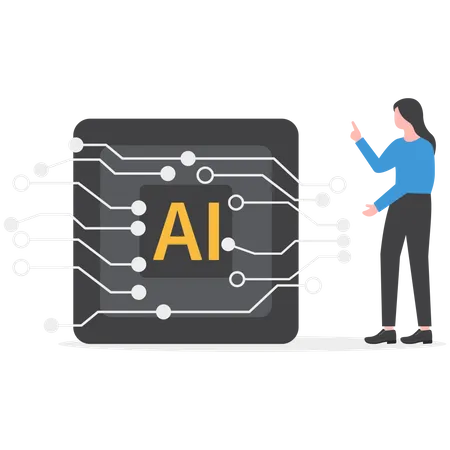 Working With AI Artificial Intelligence Technology Helping Or Support Success Work AI Prompt Engineer Or Robot Assistance Concept Woman Work AI Artificial Intelligence Chip Illustration
