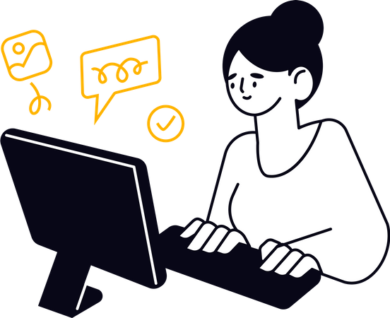 Young woman working on computer  イラスト