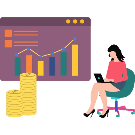 Young woman working on dollar analytics  Illustration