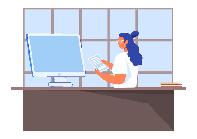 Young woman working on laptop Illustration