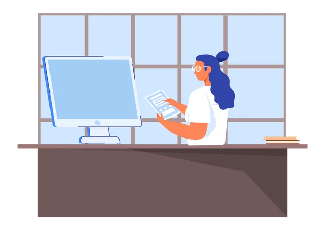 Young Woman Working On Laptop Female Character In Glasses At Workplace With Modern Technology Scene Of Freelance Or Office Job Lady Stands Near Stand With Computer Device Vector Illustration Illustration