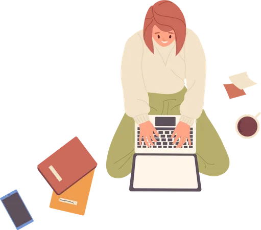 Young woman working on laptop  Illustration