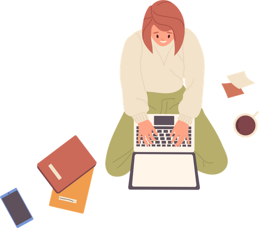 Young woman working on laptop  일러스트레이션