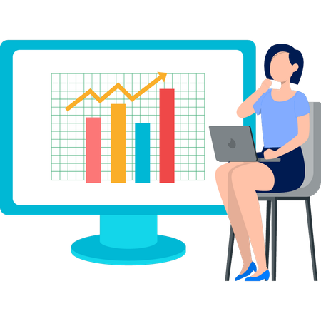Young woman working on laptop while doing trading analysis  Illustration