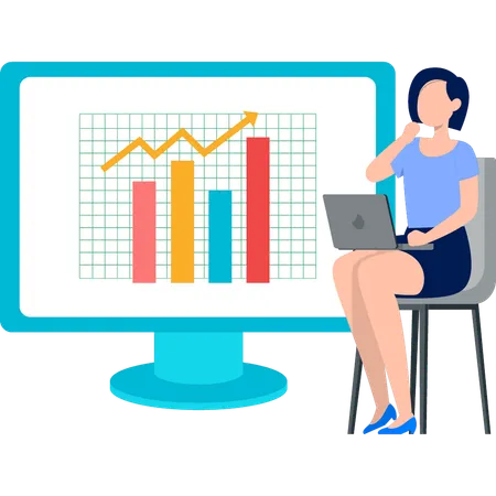 Young woman working on laptop while doing trading analysis  Illustration