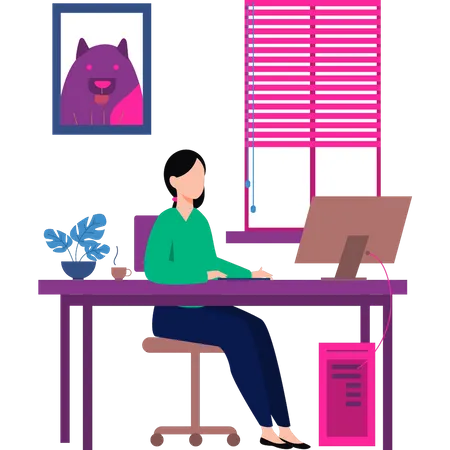 Young woman working on monitor  Illustration