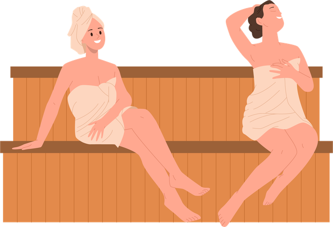 Young woman wrapped in towels steaming in dry sauna  Illustration