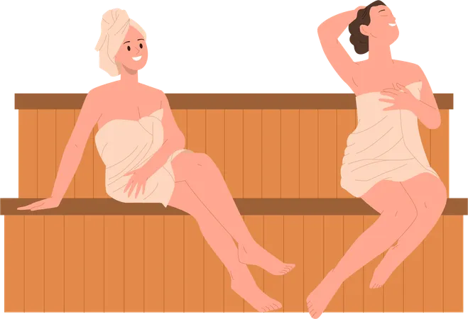 Young Woman Friends Cartoon Character Wrapped In Towels Steaming In Dry Sauna Or Public Bathhouse While Sitting On Wooden Bench Vector Illustration Relaxed Female Taking Spa Procedure For Wellness Illustration