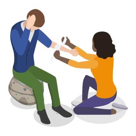 Young woman wrapping belt during injured hand  Illustration