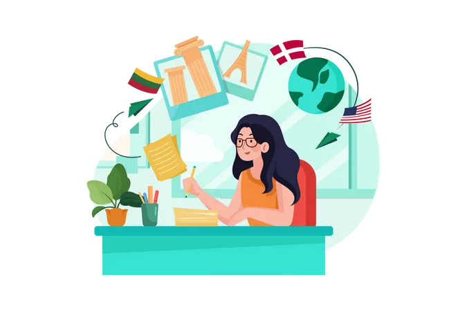 Young woman writes travel blog  Illustration