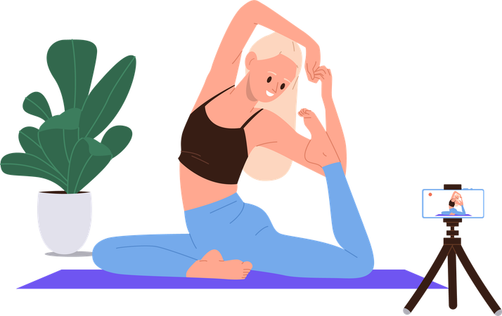 Young woman yoga trainer providing home training online  Illustration