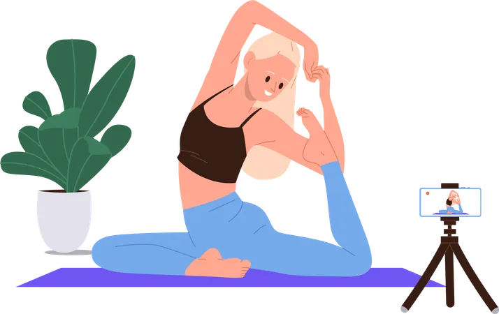 Young woman yoga trainer providing home training online  Illustration