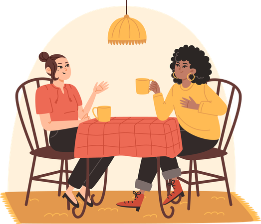 Young women are sitting at the kitchen table and having fun talking  Illustration