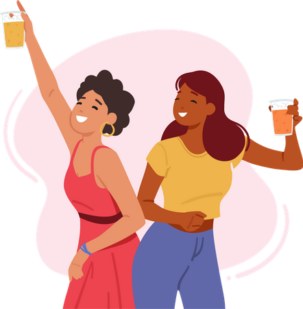 Young Women Enjoying Beer  Illustration