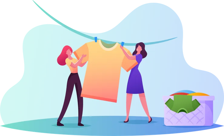 Tiny Female Characters Drying Wet Clothes Young Women Hanging Clean Wet Clothing On Rope Taking Washed Linen From Basket Homework Activity Household Chores Cartoon People Vector Illustration Illustration