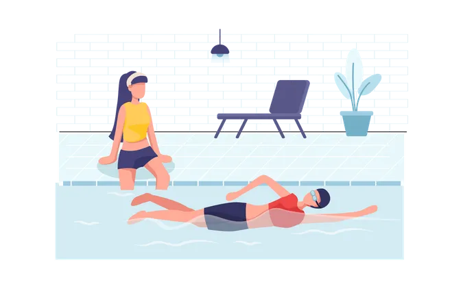 Young women resting and swimming at swimming pool Illustration