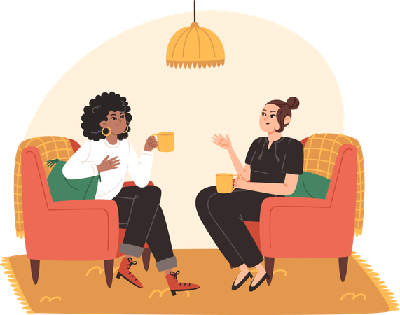 Young women sit in cozy armchairs and have cheerful conversation  Illustration