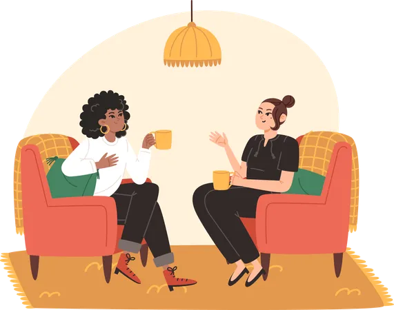 Young Women Sit In Cozy Armchairs And Have A Cheerful Conversation Illustration