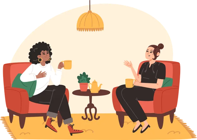 Young Women Sit In Cozy Armchairs Drink Of Coffee And Talk Illustration