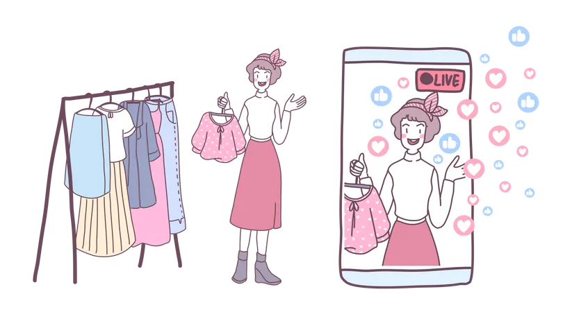 Young women use smartphone live to sell clothes  Illustration