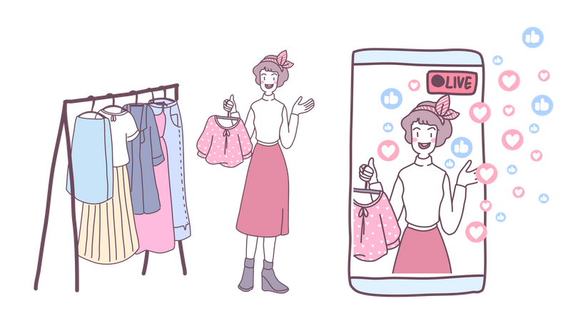 Young women use smartphone live to sell clothes  Illustration