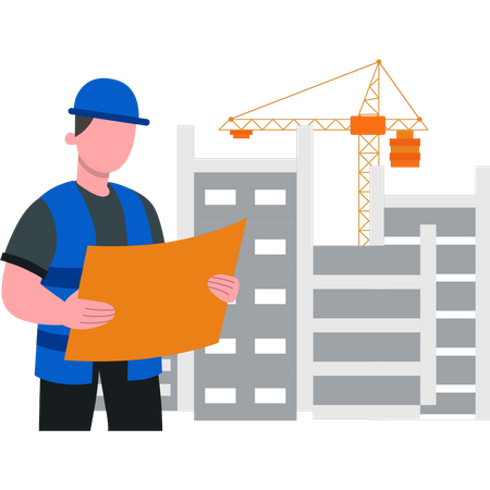 Young worker looks at construction blueprint  Illustration