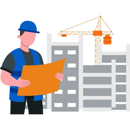 Young worker looks at construction blueprint  Illustration