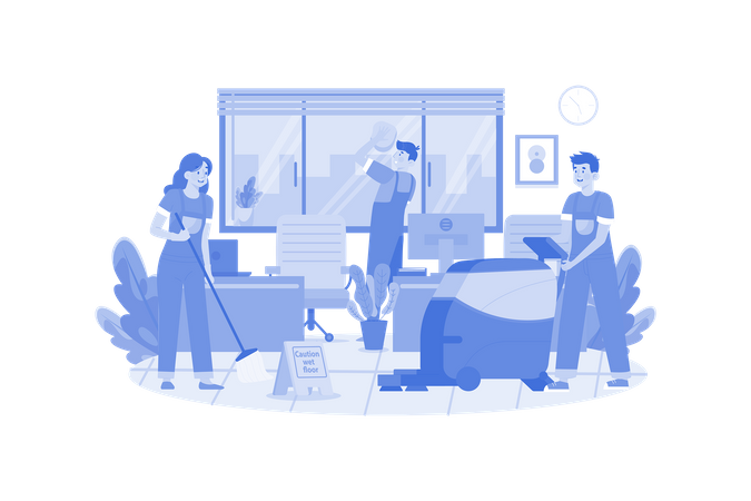 Young Workers Are Cleaning Office  Illustration