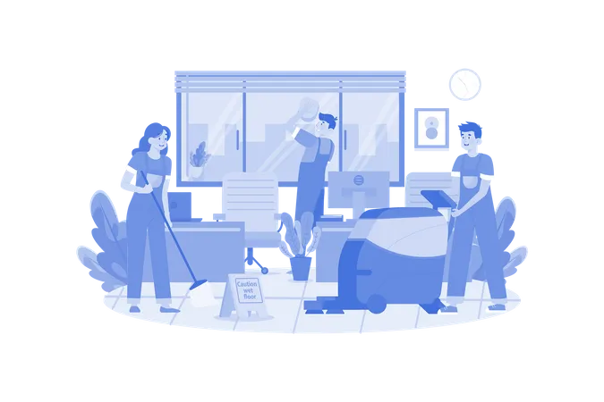 Young Workers Are Cleaning Office  Illustration