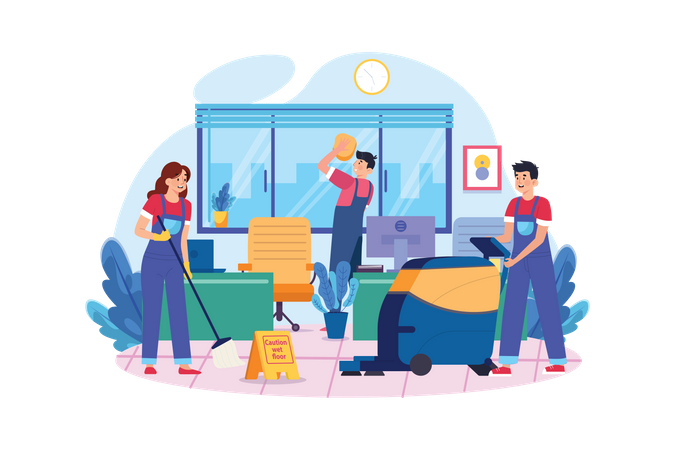 Young Workers Are Cleaning Office Illustration