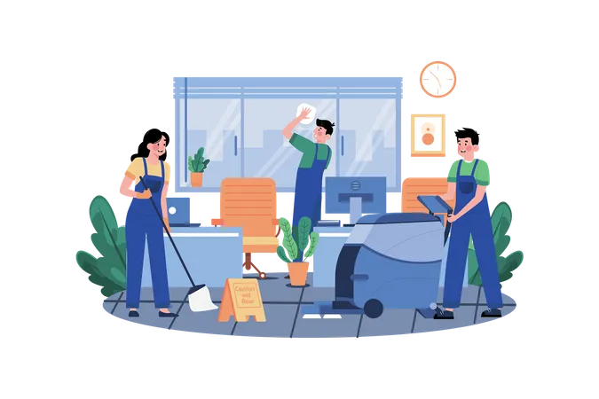 Young Workers Are Cleaning Office  Illustration