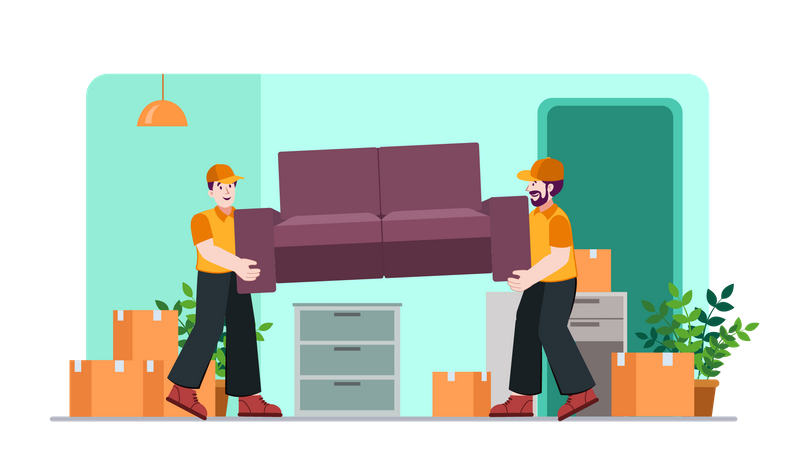 Young workers holding couch for home shifting  Illustration