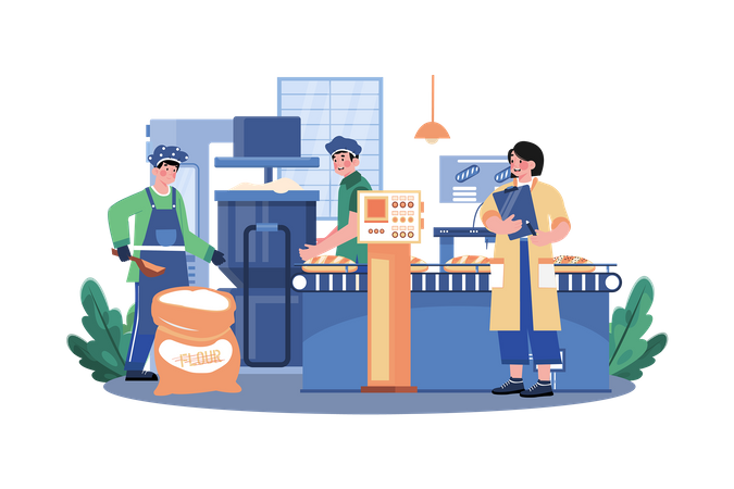 Young Workers Working Ing Bread Making Industry  Illustration
