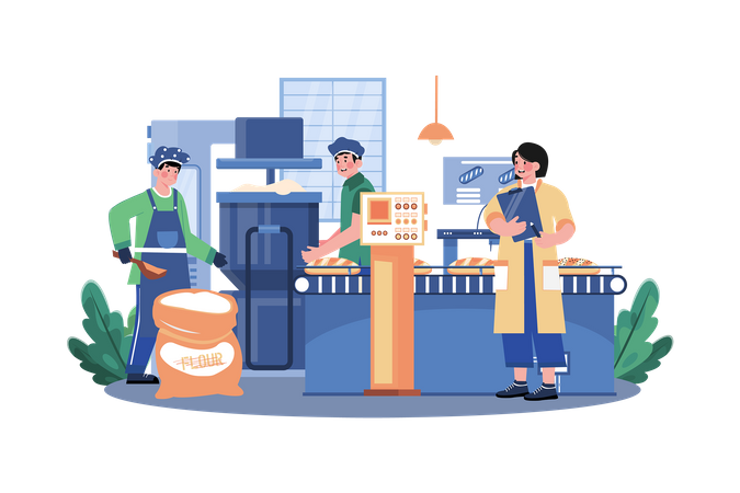 Young Workers Working Ing Bread Making Industry  Illustration