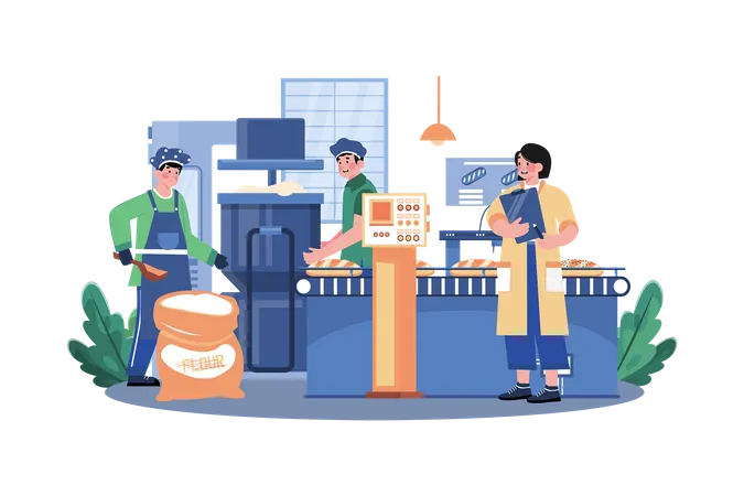 Young Workers Working Ing Bread Making Industry  Illustration